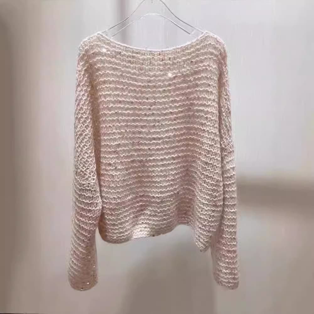 One-Shoulder Sequin Cashmere Sweater – Glamorous Loose Knit Top For Women (S-XL, Picture Color)