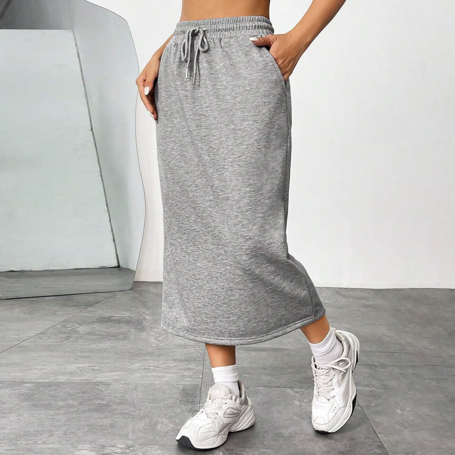 Women's Stretchy High-Waist Split Hem Midi Skirt - Comfortable Knit A-Line Skirt For Work, Commute & Casual Wear