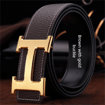Ceinture classique de luxe pour homme, en cuir véritable de haute qualité avec boucle lisse et inscription.