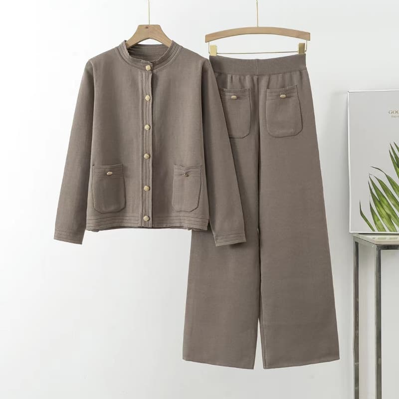 Women's Clothing autumn and winter new style small long sleeved cardigan sweater wide leg trousers knitted two piece suit
