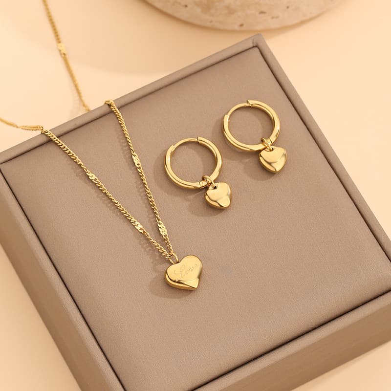 Korean Heart Minimalist Style Female Small Hoop Girl Gold Titanium Steel Non-Fading Circle Necklace Earrings Set