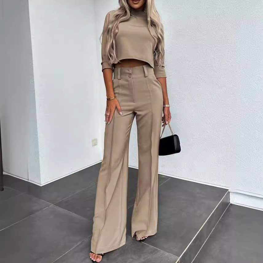 Tenue décontractée deux pièces pour femme, ensemble haut à manches longues et pantalon, tenue de bureau confortable, mélange de polyester, couleur unie