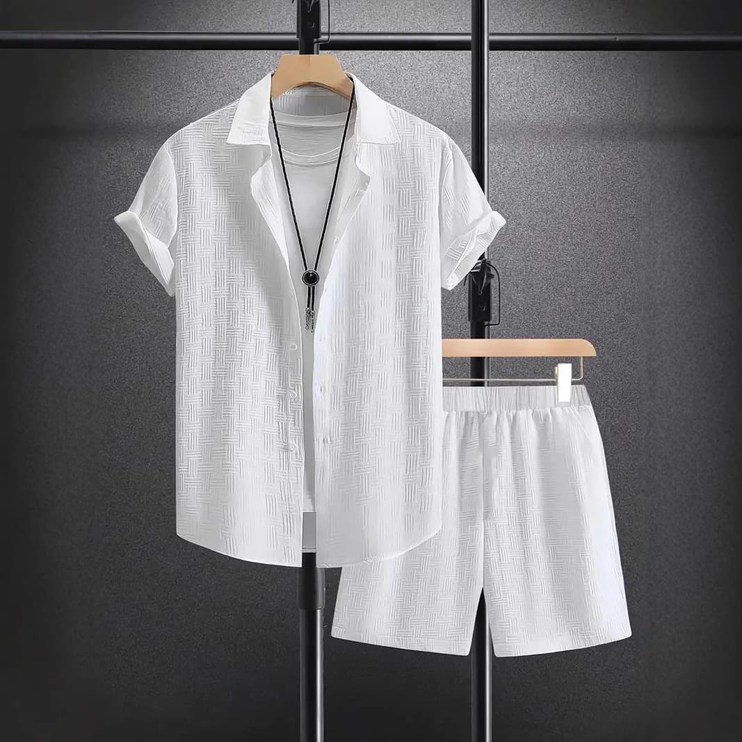 Men's Clothing Summer Jacquard Black And White Solid Color Men's Suit Short Sleeved Vacation Casual Style Shirt Shorts Two Piece Suit