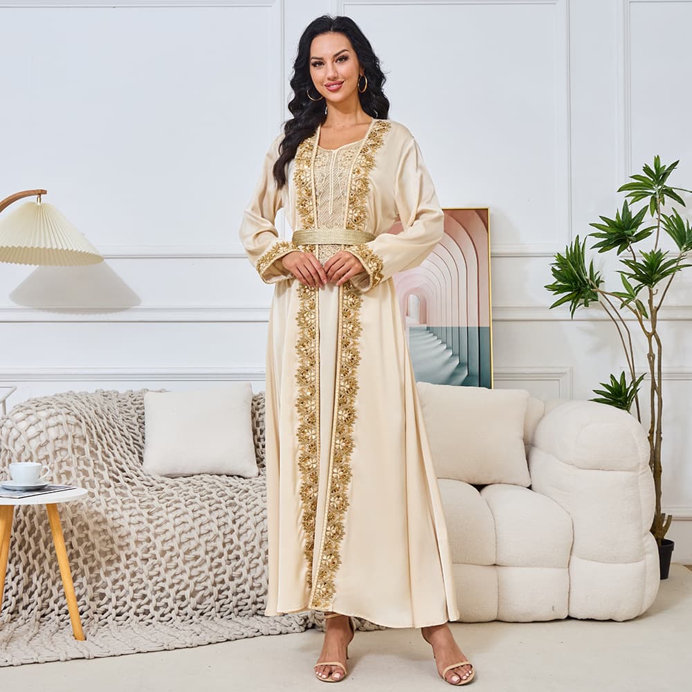 Women's Muslim Clothing Evening Summer New Fashion Beaded Dress Long Sleeve Cardigan Two-Piece Set