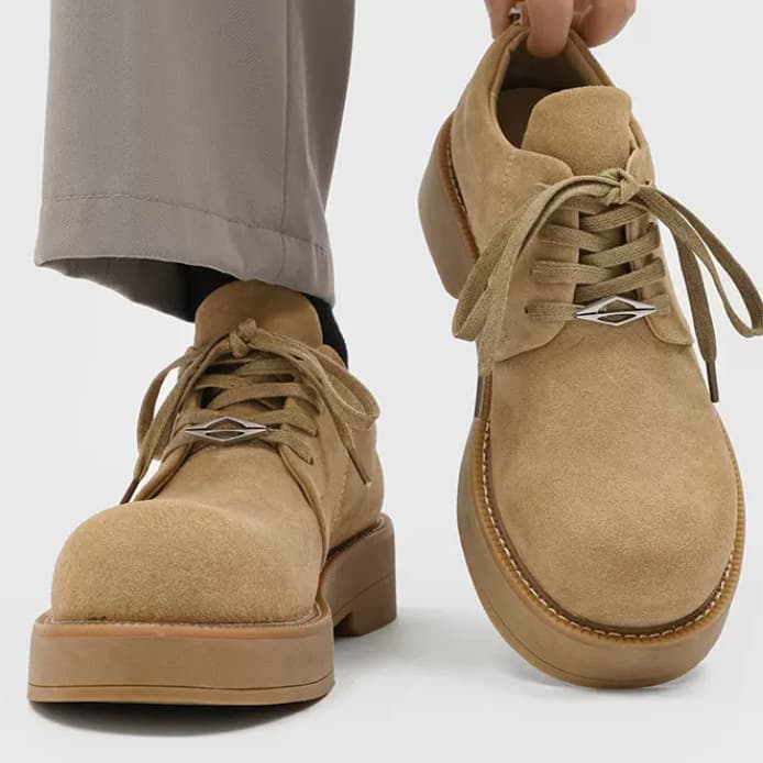Men's Derby Shoes Genuine Leather Mickey Mouse Head Design Chunky Sole Low-Cut Boots Round Toe Fashion Casual Shoes​