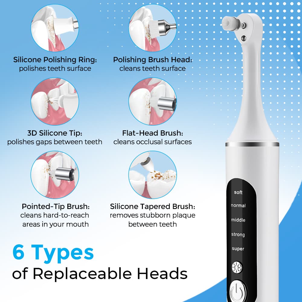 Rechargeable Polisher With 6 Brush Heads Tooth Kit For Cleaning Polishing Teeth Whitening Plaque