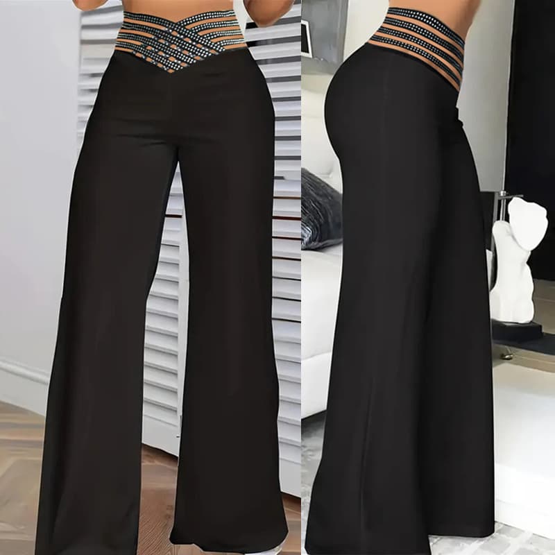 Women's Clothing Ladies Solid Color Fashion Hollow Hot Diamond Mid Waist Casual Wide Leg Pants Trousers