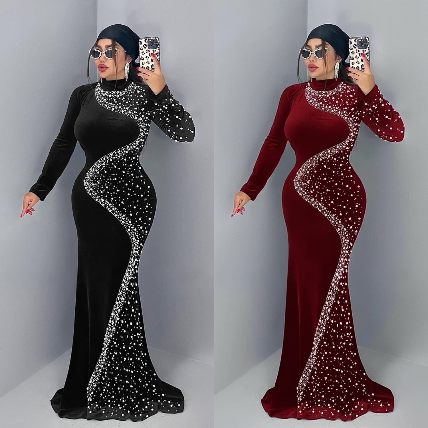 ​​Elegant Velvet & Rhinestone Long Sleeve Dress – High Neck Bodycon Evening Gown With Stretch Fit​​