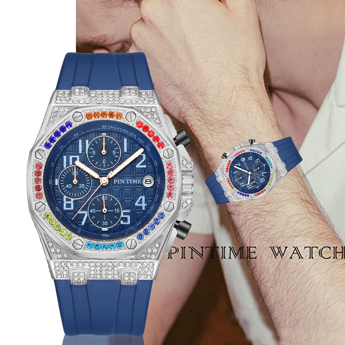 Montre de luxe pour homme avec diamants, chronographe multifonction, affichage de la date et étanchéité jusqu'à 30 m - Boîtier or rose et bracelet en silicone