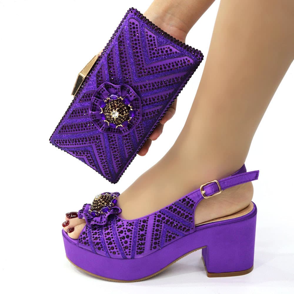 Women's Shoes Brown Small Square Evening Bag With Thick Heel Ladies Hot Diamond Sandals, Full Diamond Shoe Bag Set Combination