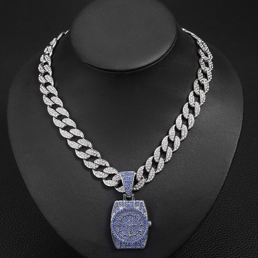 Niche personality hip hop retro original blue diamond full diamond watch pendant men's versatile Cuban necklace