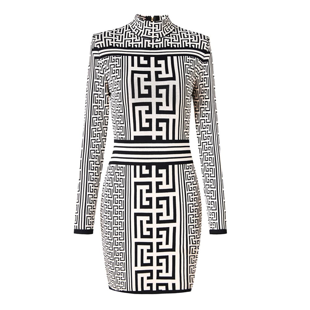 Women's swastika geometric pattern small stand-up collar long-sleeved beaded knitted dress base single wear skirt