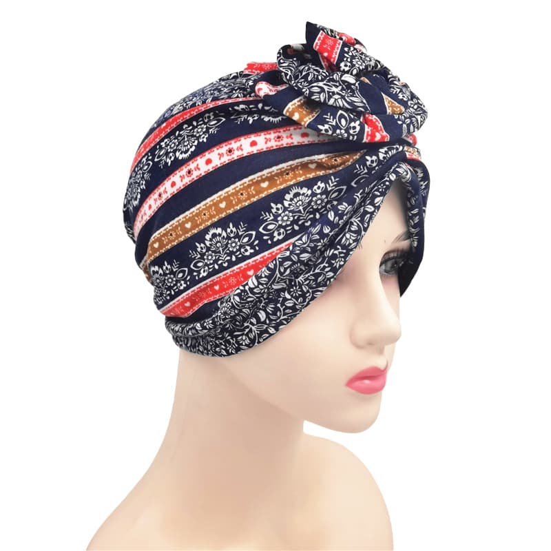 Flower knotted ethnic style new elastic cotton printed headscarf hat, warm protective head and postpartum hat