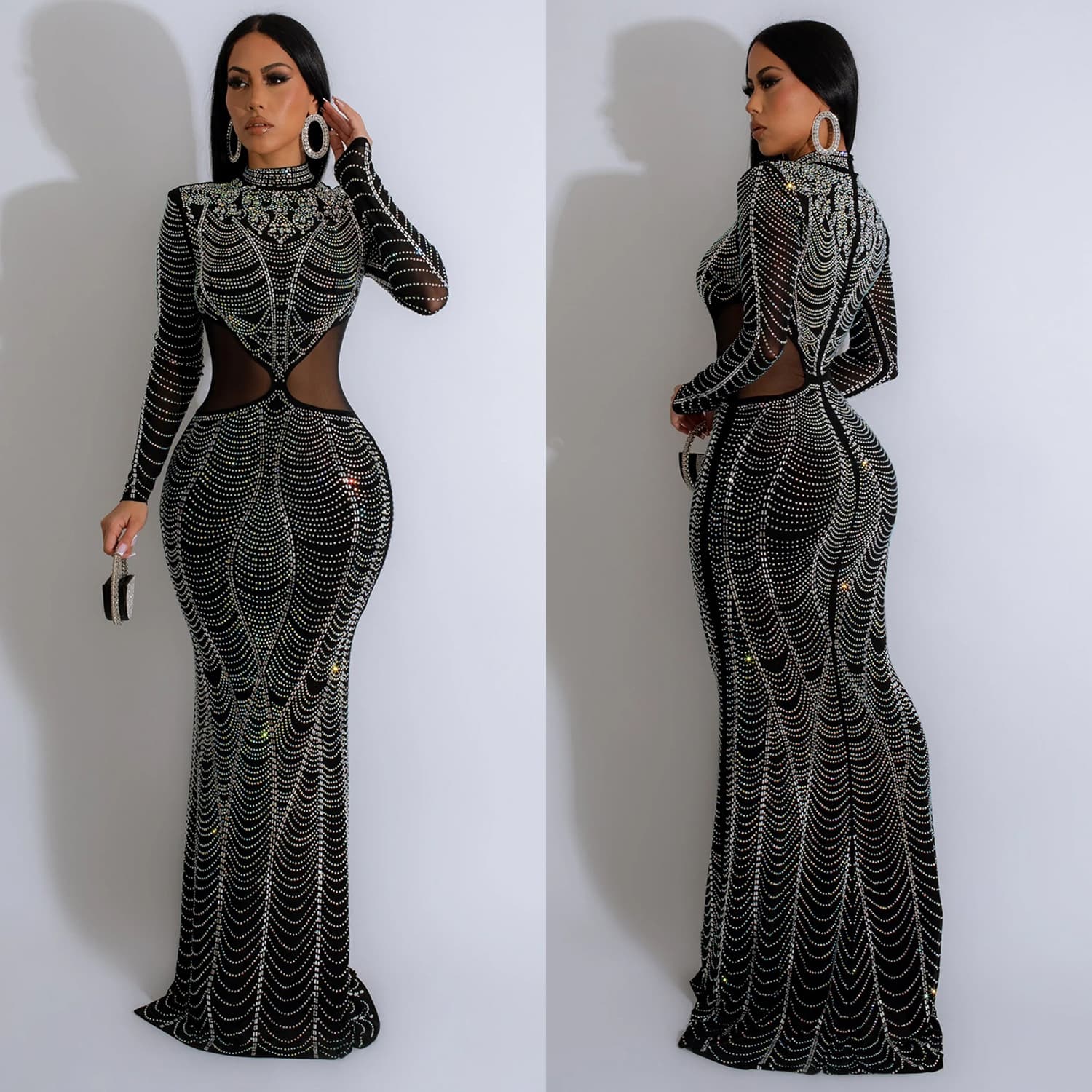 Women's Clothing fashion women's solid color mesh rhinestone long skirt dress
