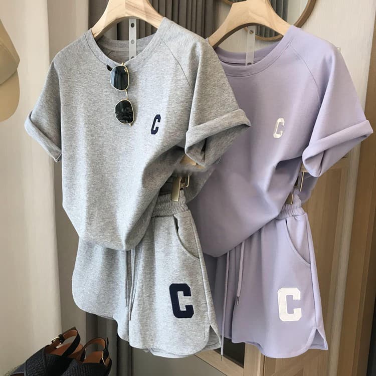 Letter Embroidery Fashion Casual Short Sleeved Shorts Two Piece Suit For Women Summer New Loose Simple Large Size Suit Foreign Trade
