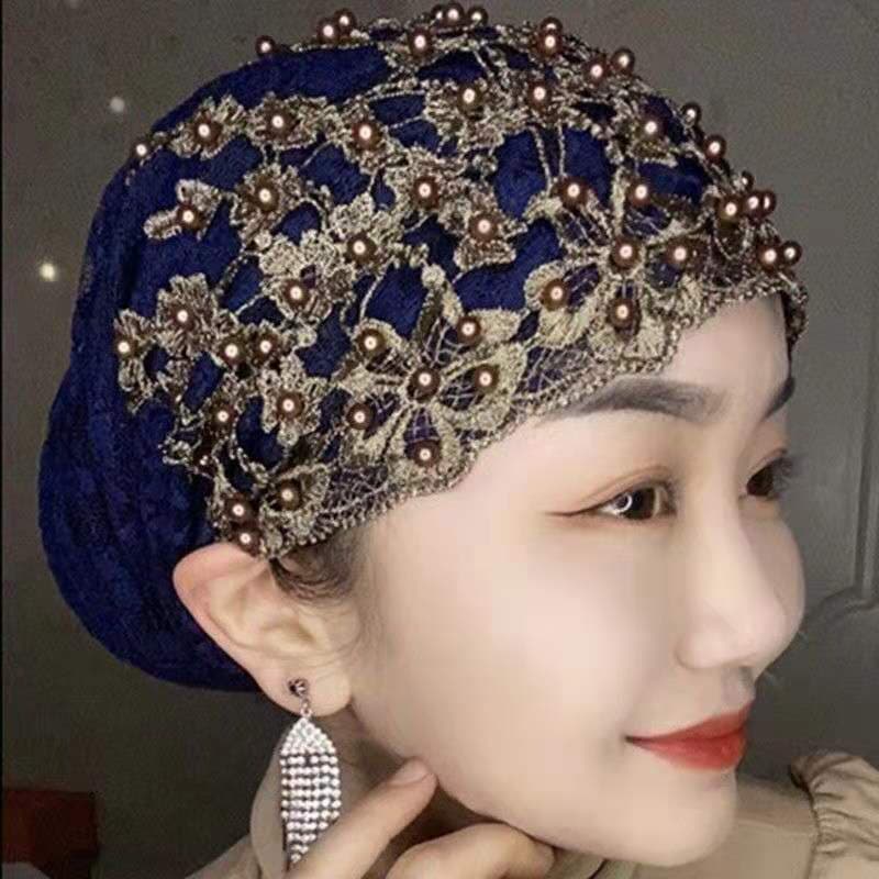 Women's Scarves Spring and summer new square dance hat hat women's Baotou hat casual beaded lace hat mother hat hair cover head