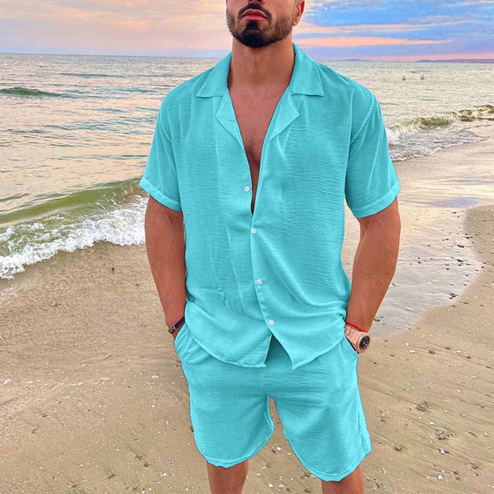 Man's Clothing Men's Summer Lapel Cotton Linen Solid Color Short Sleeve Shorts Suit