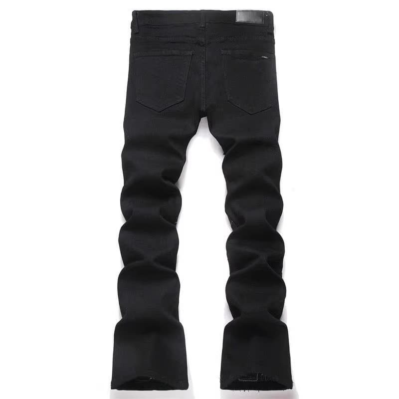 Men's Dark Streetwear Embroidered Flare Jeans - Black Distressed Denim Pants With Silver Stitch - Retro Punk Slim Fit Trousers For Men