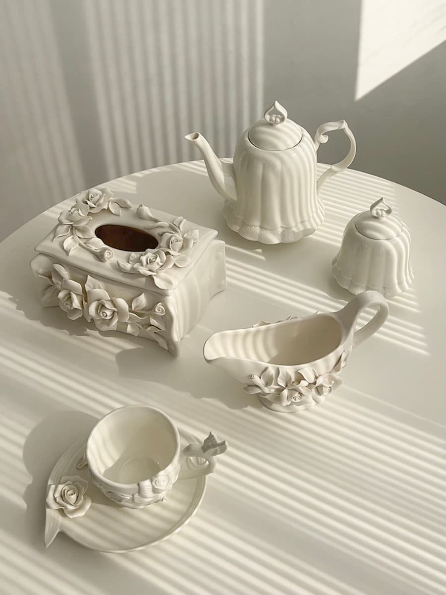 Ecological Life Relief Ceramic Coffee Hand Pinched Camellia Afternoon Tea Set, Tissue Box, Creative Gift