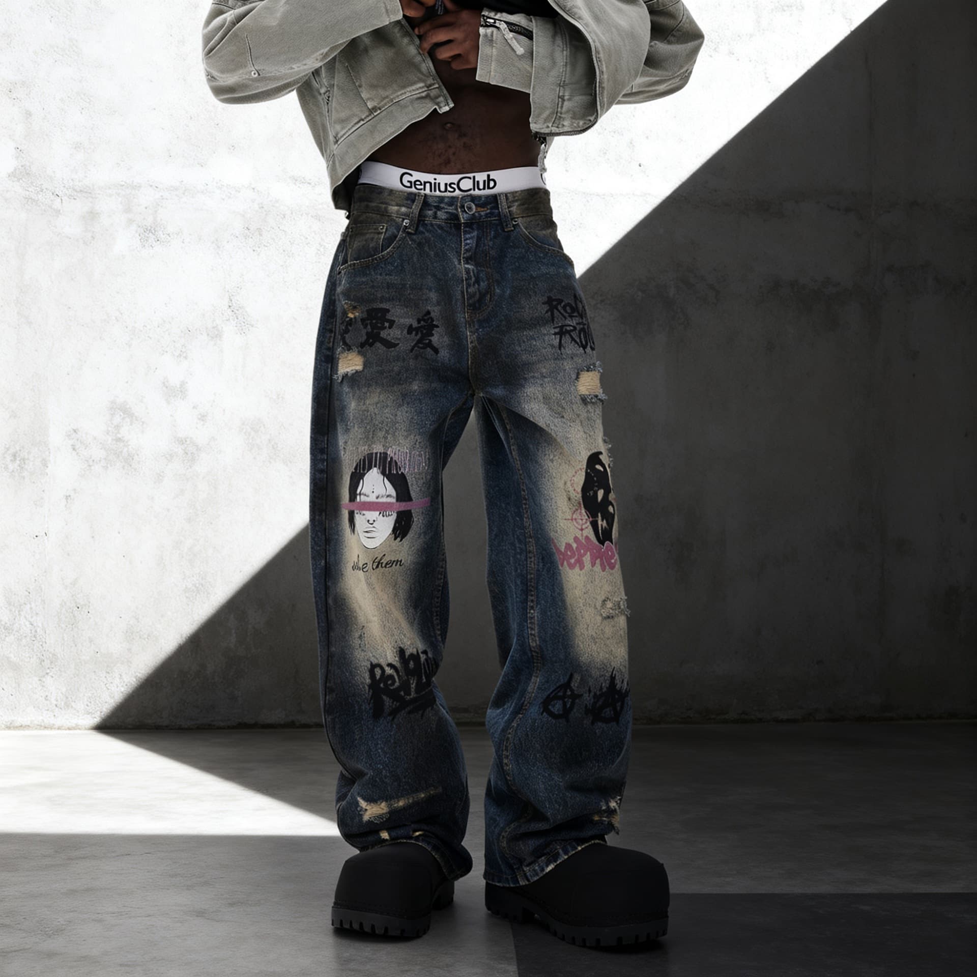 Men's Oversized Straight-Leg Jeans – Distressed Washed Denim With Graffiti Face Print & Fake Rips (Streetwear, Urban Style, Low Waist, Unisex Appeal)