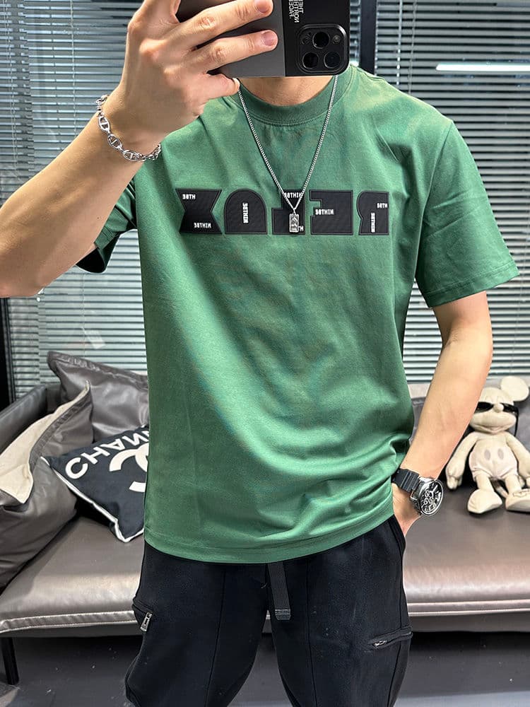 2025 Summer New Short Sleeved T-shirt Round Neck Letter Printed Pure Cotton Breathable Casual Versatile Trendy Men's Top