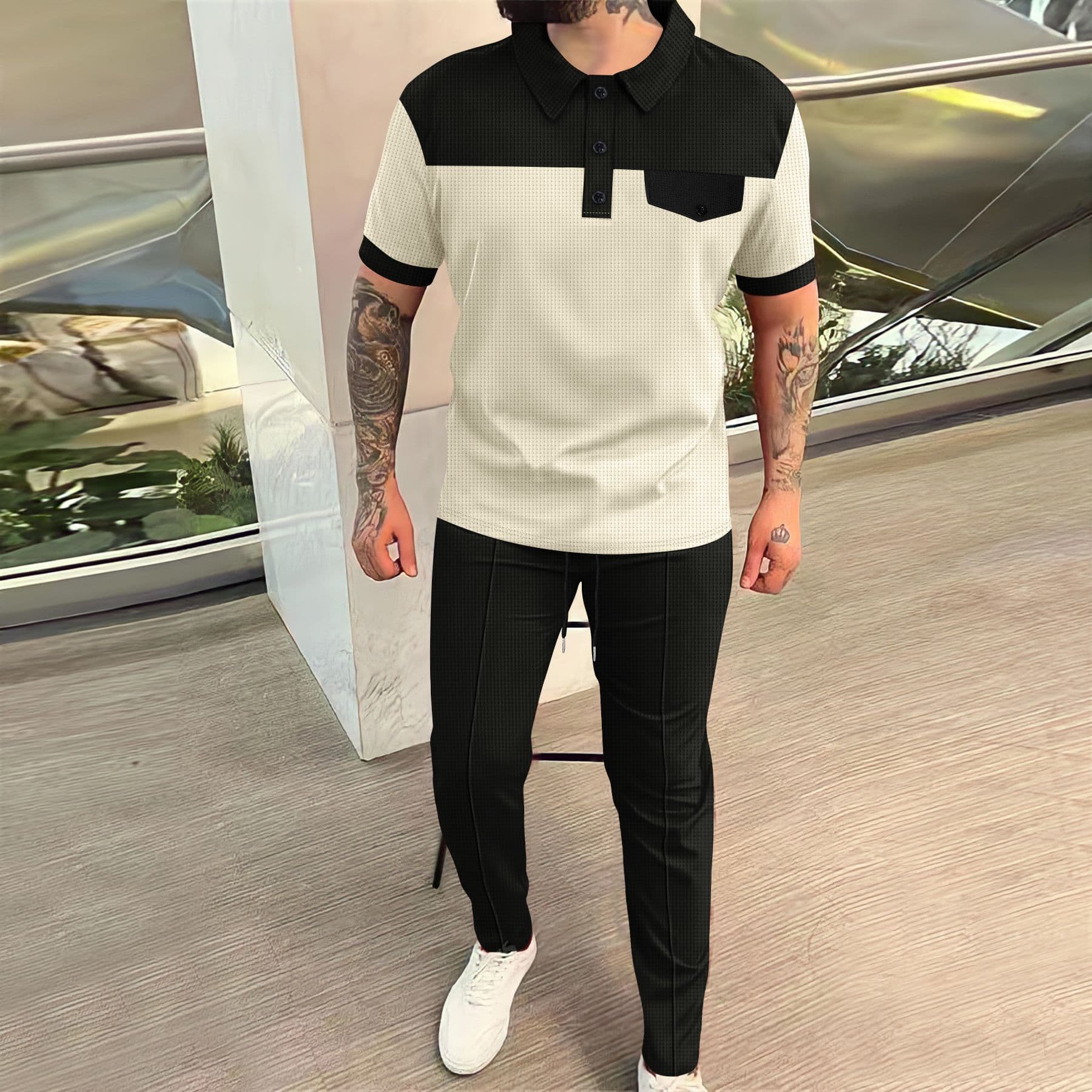 Men's Clothing New Waffle Color Stitching Lapel Chest Pocket Button Short Sleeved Trousers Suit