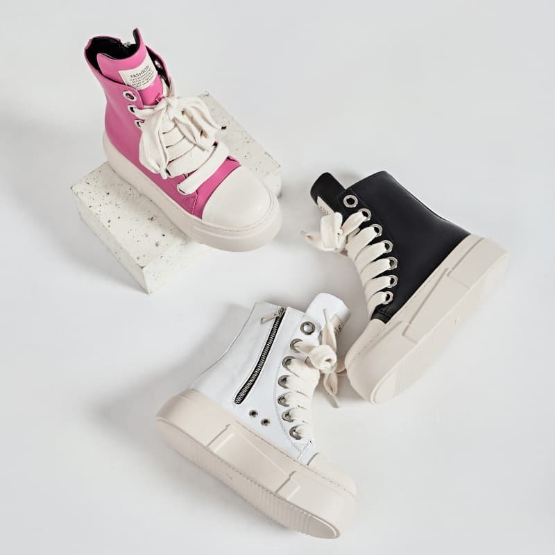 Men's Large Size High Top Sneakers Thick Bottom Casual Shoes Lace-Up PU Upper Couple Matching Black Yellow White