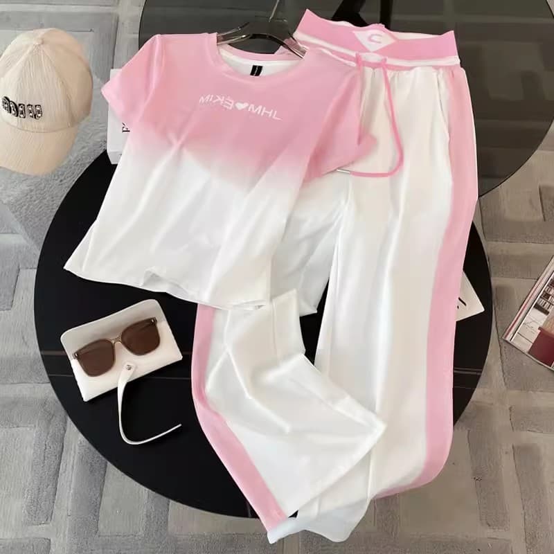 Women's clothing fashion sportswear high-end online celebrity leisure suit women's gradient color short-sleeved top straight pants two-piece suit