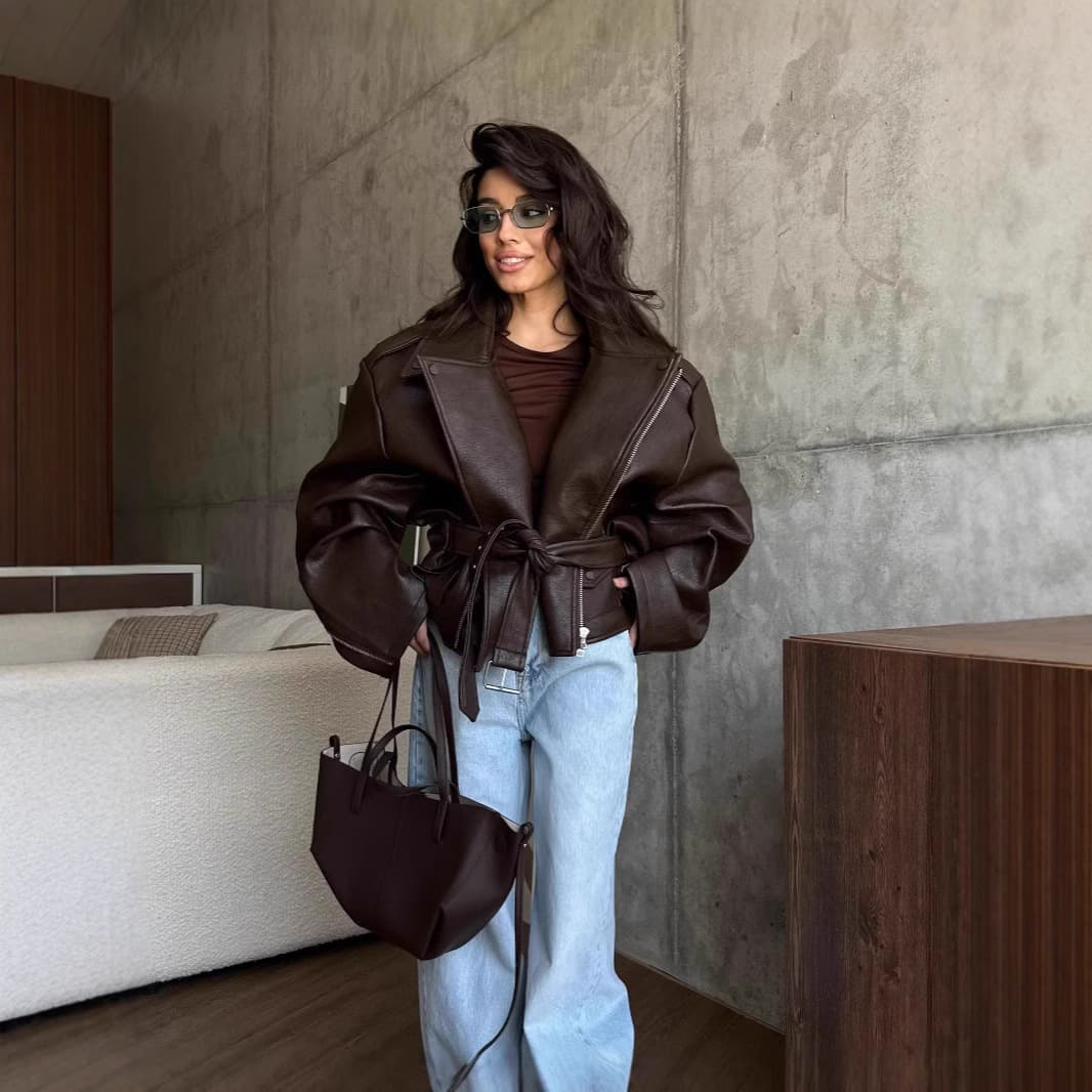 Women's Clothing Short PU Leather Jacket With Belt & Stand Collar – Retro Biker Style, Loose Fit For Streetwear Fashion