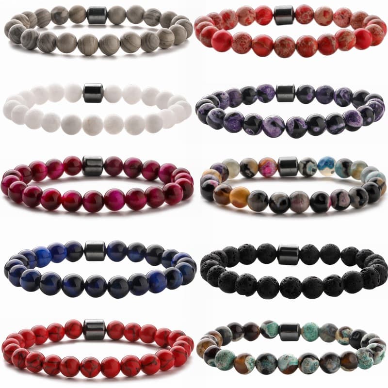 Bracelet homme en perles de 8 mm, turquoise blanche et noire, pierre volcanique œil de tigre