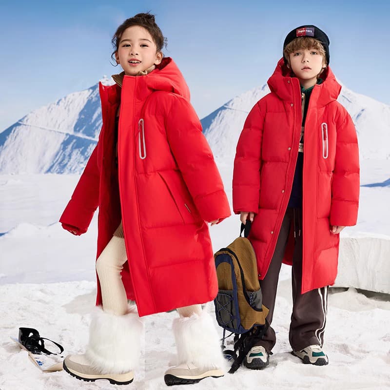 Mother & Kids Kids' Winter Long Down Jacket With Detachable Hood, Ultra-Warm Polyester Padded Coat For Boys & Girls (Red/Black/Beige, 120-170cm)​