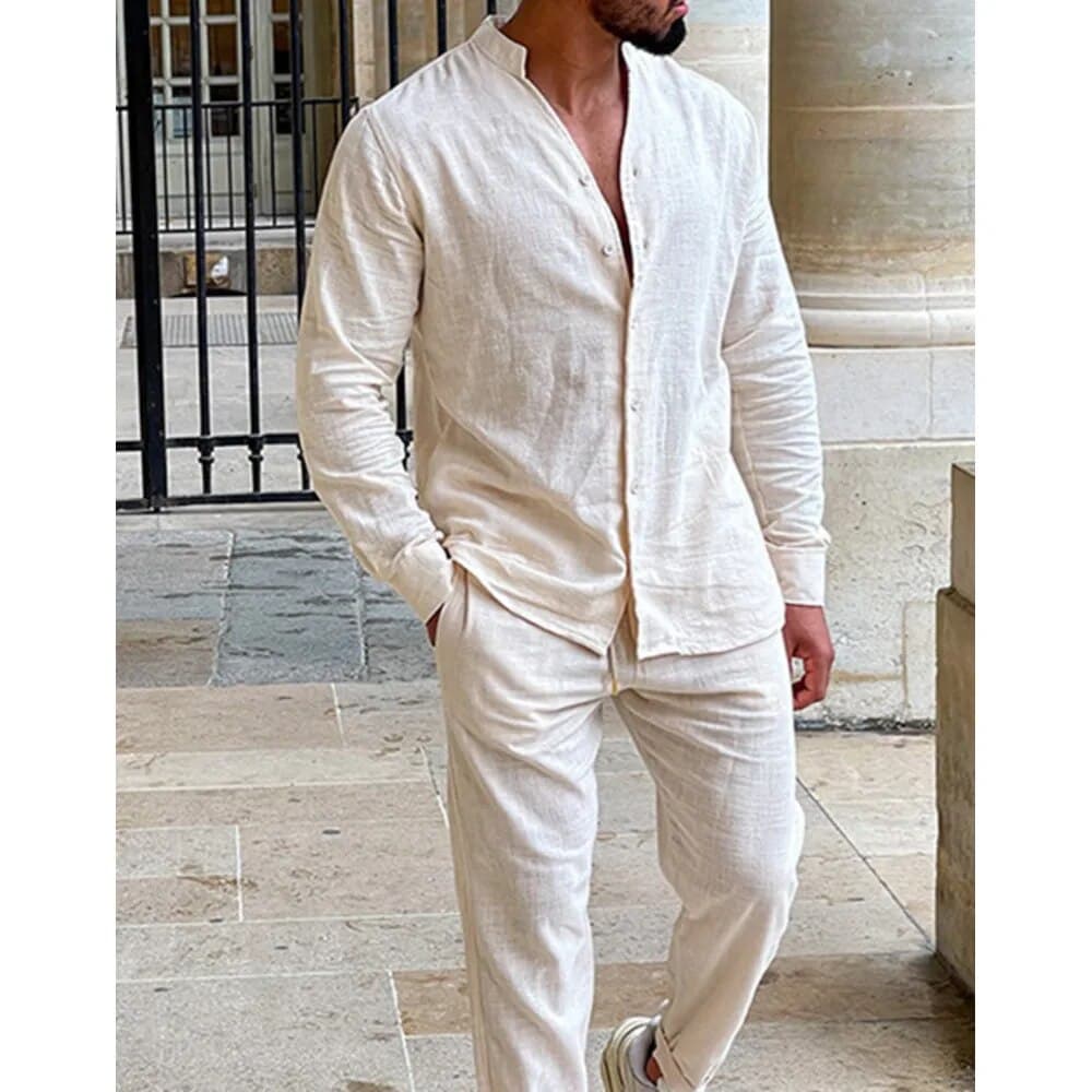 Men's Linen Autumn Casual Set, Long Sleeved One-piece Work Pants, New Two-piece Set For Men