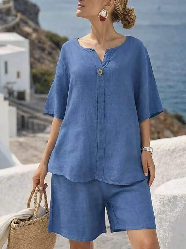 Ensemble deux pièces en coton et lin pour femme, style vacances d'été : haut ample à manches courtes et col en V et pantalon droit court.