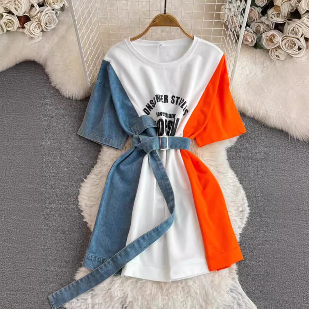 Women's Clothing Denim print splicing t shirt dress design round neck waist slimming a line dress