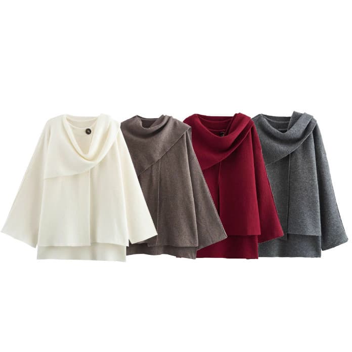 Oversized Cape Cardigan – Vintage-Inspired Knit Sweater With Distressed Finish (Coffee/Grey/Burgundy/White)