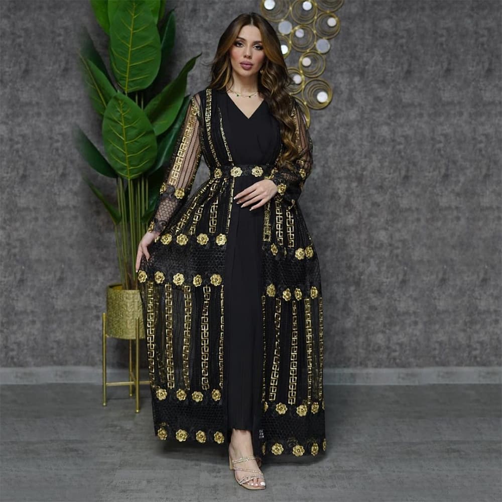New Muslim Embroidered Mesh Jacket With Chiffon Vest Skirt Suit Kaftan Dress