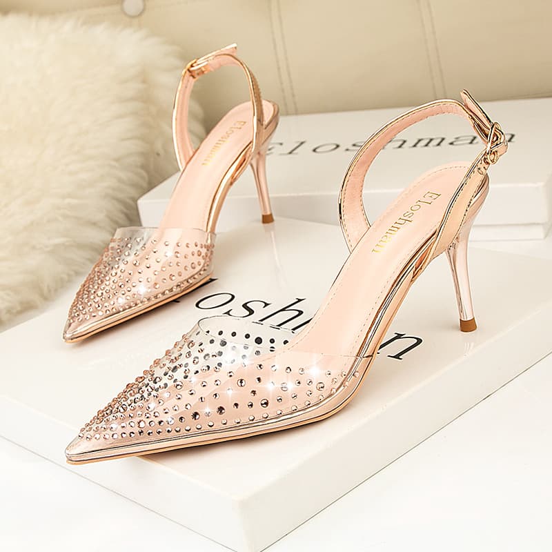Style Simple Pointed Toe Shallow Mouth High Heels Transparent Rhinestone Fashion Sandals Thin Heel Hollow Out