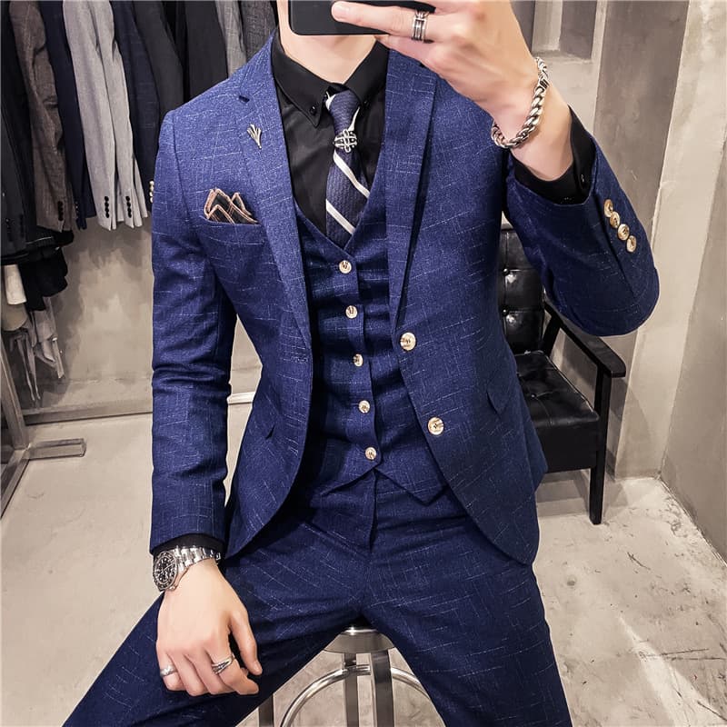Men's style slim-fit dark pattern men's two-button suit three-piece suit spring and autumn style gentleman men's suit vest pants