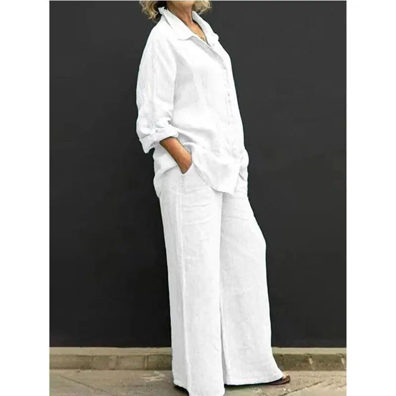 Women Autumn Linen Lapel Shirt Two Pieces Set Vintage Solid Long Sleeve Button Blouse and Loose Straight Pants Casual