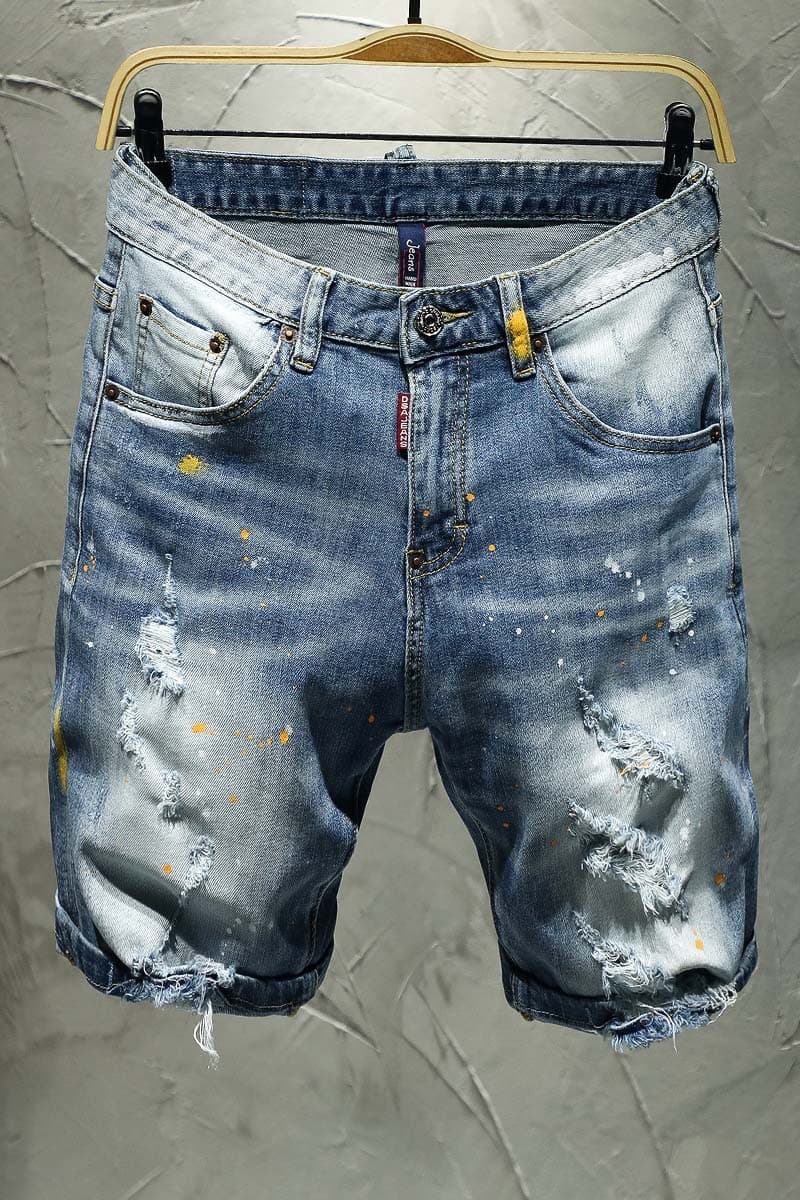 Men's High Street Fashionable Men's Shorts With Cut Holes And White Hand-painted Paint Dot Stretch Jeans For Men