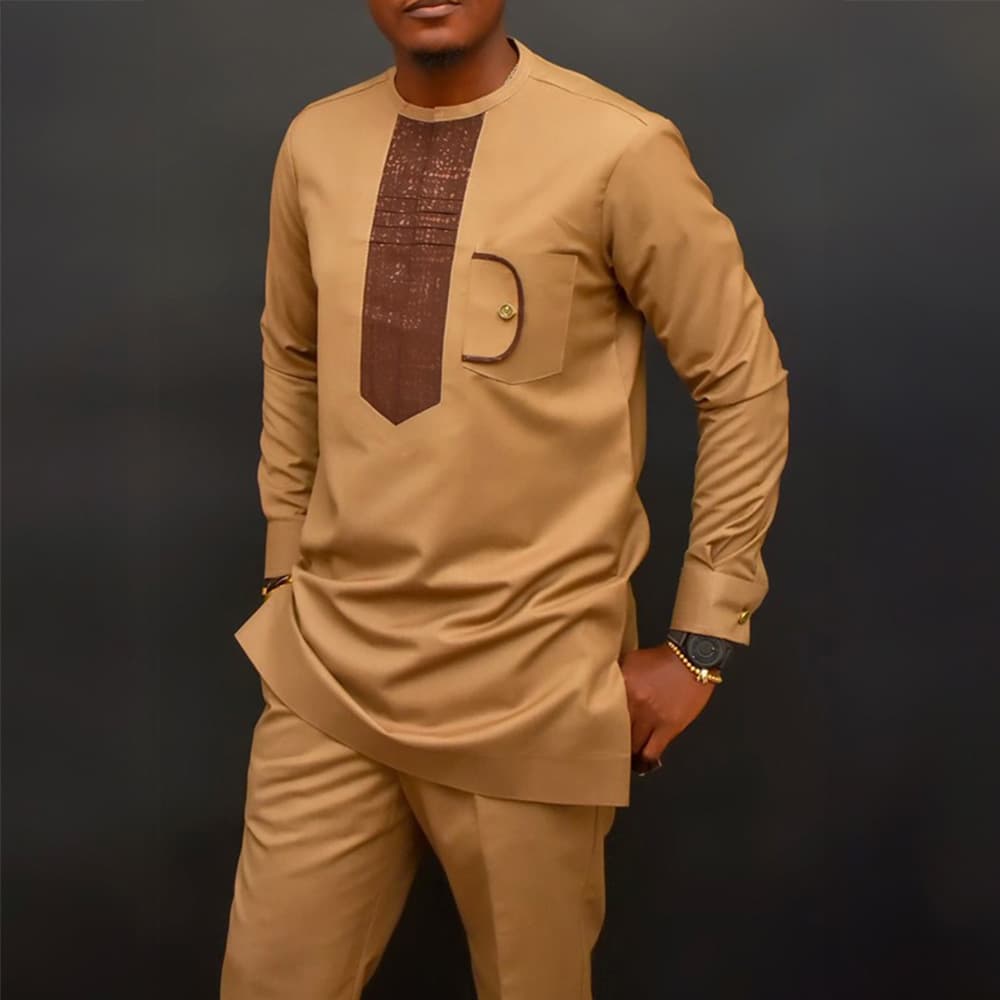 Costume noir africain décontracté brodé pour homme, manches longues, idéal pour les mariages et les banquets.