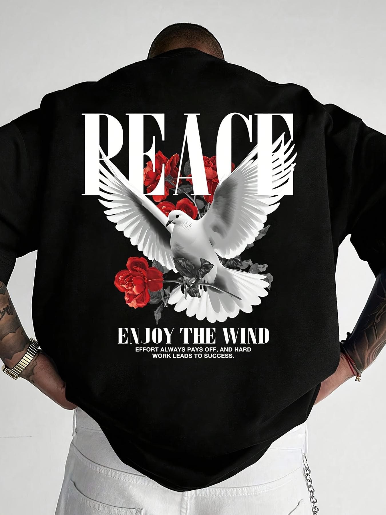 (Armonia) 180gsm COTTONHerren Street Style T-Shirt, Mit Weißer Taube Und Rose Auf Der Rückseite Und "REACE" Buchstaben