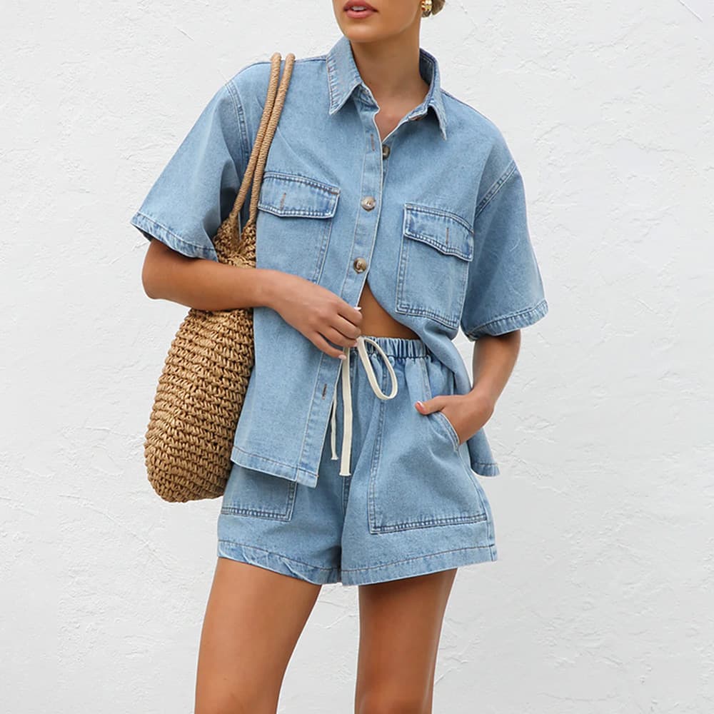 Retro Casual Loose Pocket Short Sleeved Shirt Shorts Denim Two Piece Suit