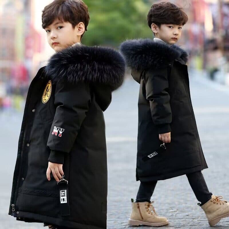 Winter New Style Boy Cotton Coat Korean Style Medium And Large Children's Children's Medium And Long Thick Large Fur Collar Down Cotton Coat