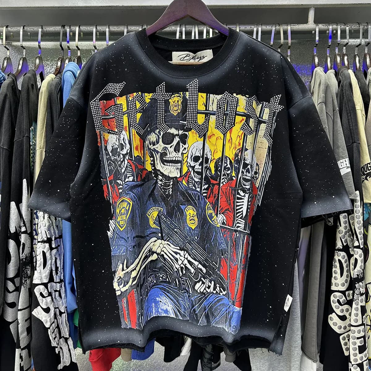 T-shirts pour hommes BKYS, imprimé losanges rétro graffiti squelette diable, coton noir délavé, manches courtes, coupe ample.