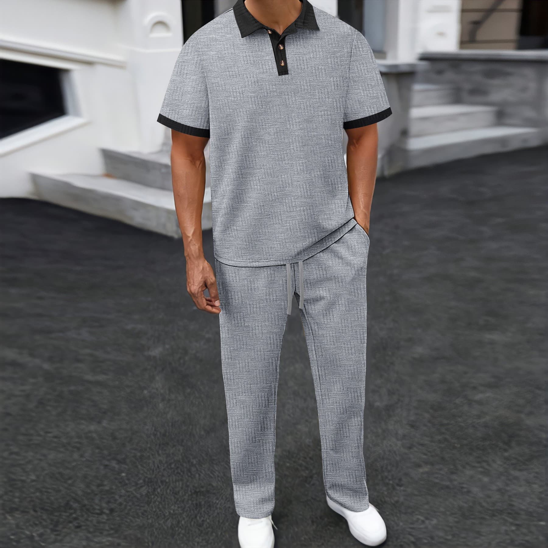 Men's Summer Collection Jacquard Lapel Two-Tone Polo Shirt Short-Sleeved & Long Pants Set European & American Style