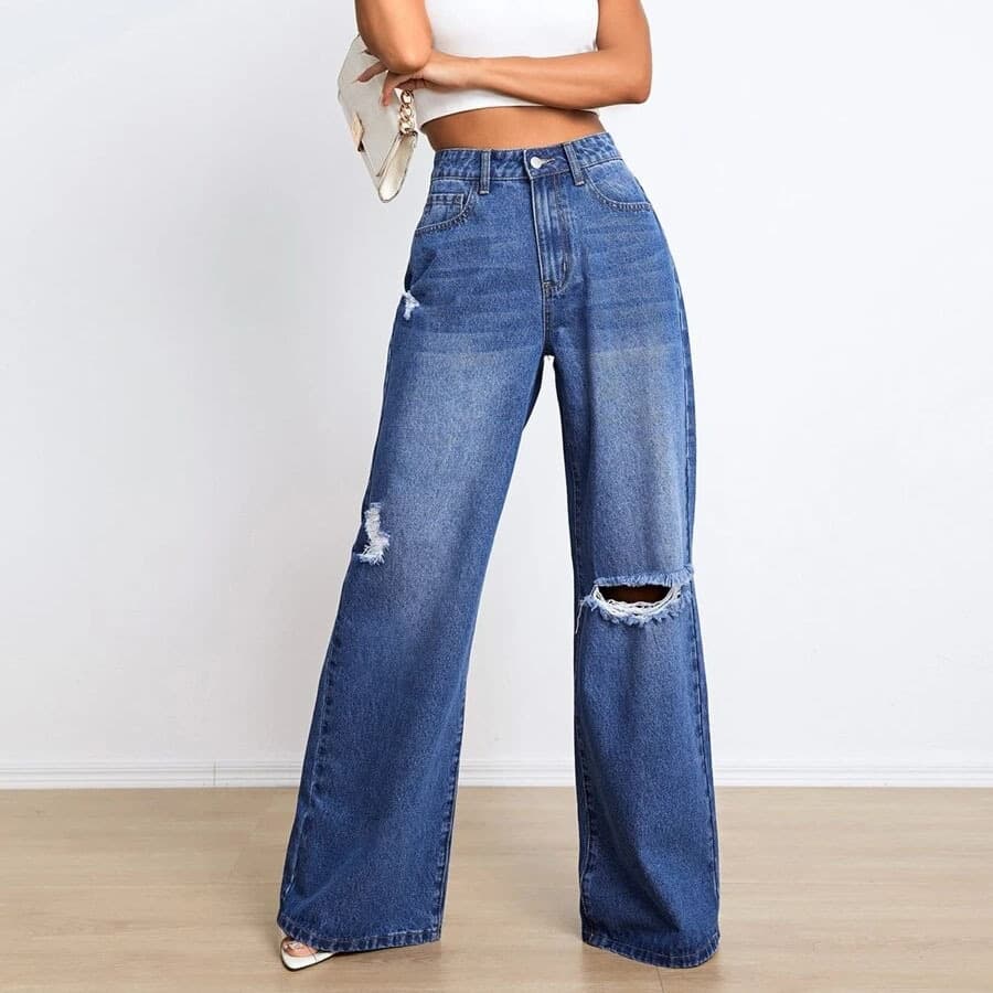 New Jeans High Waist Ripped Holes Loose Slimming Wide Leg Pants