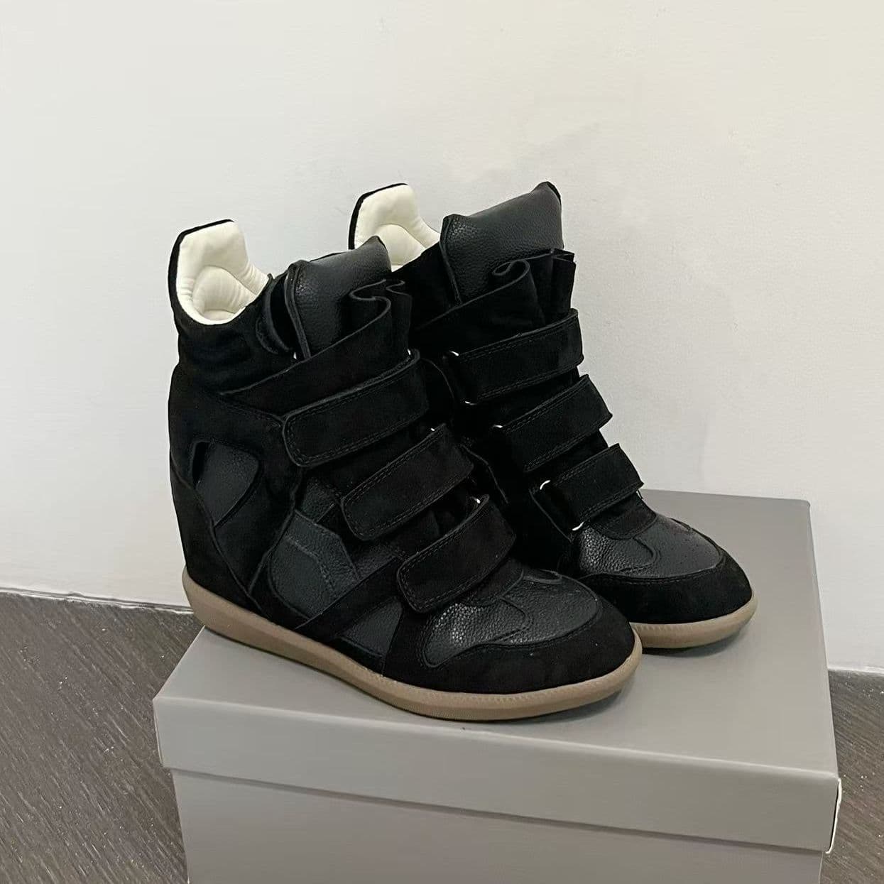 Autumn Magic Tape Invisible Height Increase Women's 8CM Wedge Color Block Sports Casual Genuine Leather High Top