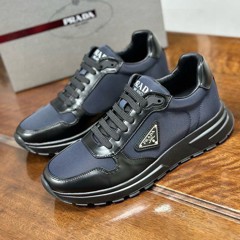 Baskets de sport haut de gamme pour hommes, chaussures de course décontractées à logo triangulaire, en cuir véritable, patchwork, maille, semelle