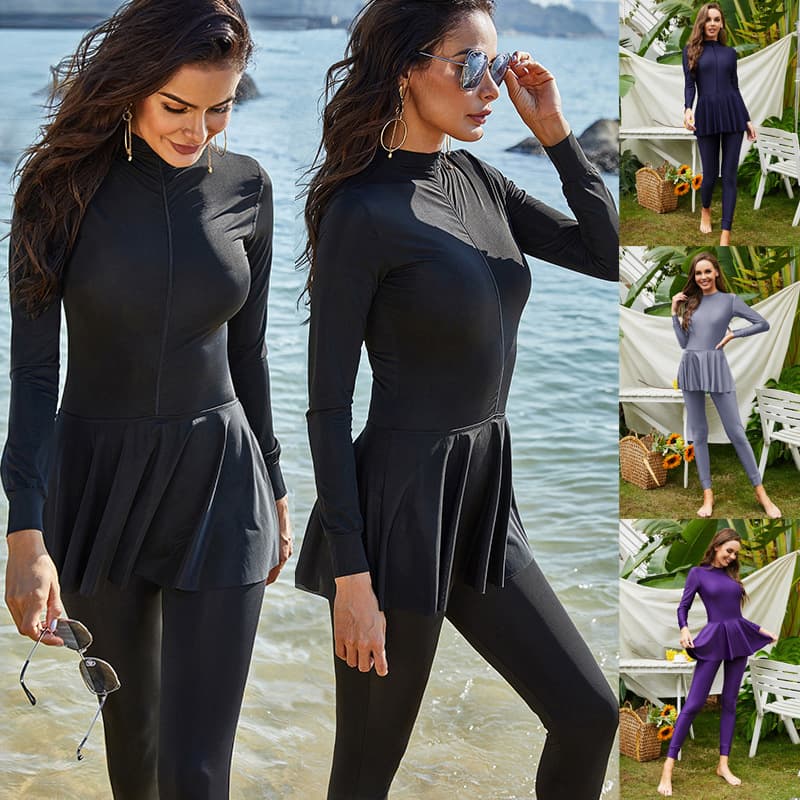 Women’s Clothing solid color long sleeved trousers fully surrounded conservative beach surfing sunscreen swimsuit one piece swimsuit